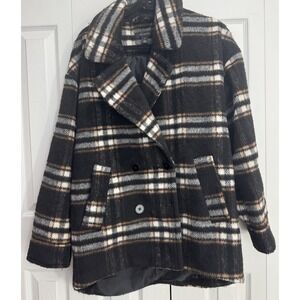 Halogen Barn Plaid Double Breasted Pea Coat‎ Women's Medium Black Long Sleeve